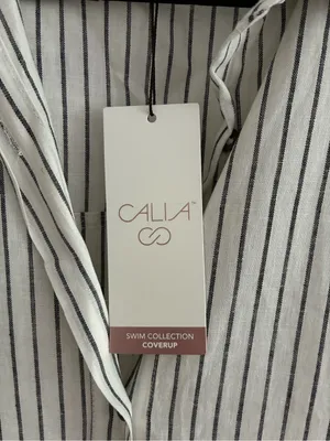Calia Swim Coverup Dress Yucatan Stripe Ivory Linen Blend Button Down NWT Medium thumbnail 11