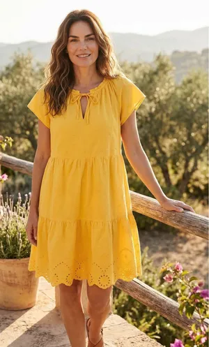 LOFT Yellow Eyelet‎ Tiered Mini Dress Womens Medium Tie Neck Flutter Sleeve thumbnail 1