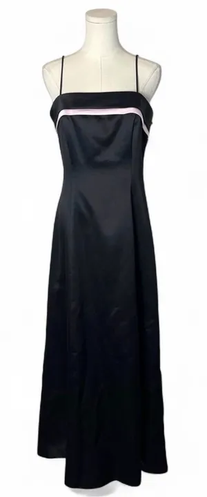 Vintage Black Satin Square Neck Layered Formal Evening Gown Dress 90s Prom thumbnail 1