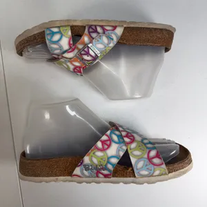 Birkenstock Birki's 36 US 5 Sandals Slide Peace Sign Print Criss Cross Straps thumbnail 2