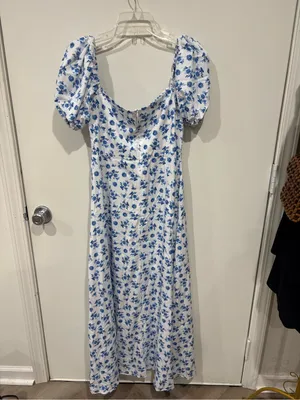 Blue Floral Puff-Sleeve Midi Dress Size M thumbnail 5