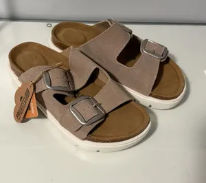 Double-Buckle Slide Sandals in Taupe with Cushioned Footbed thumbnail 1