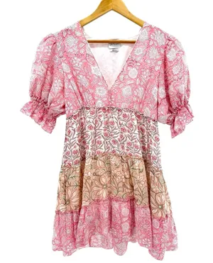 Saylor Leigha Mini Dress S Pink Patchwork Puff‎ Sleeve Tiered Boho Cottagecore thumbnail 1