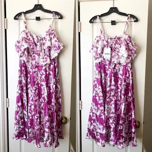 AMUR Dress Off-The-Shoulder Popover Waist Floral Silk Flowy Midi Magenta‎ 4 NWT thumbnail 2