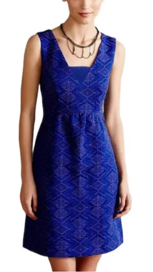 Maeve Anthropologie Averie Royal Blue Aztec Fit And Flare Brocade Dress Size 14 thumbnail 1