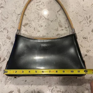 Beijo metallic patent pewter and tan trimmed handbag, EUC, clean interior thumbnail 10