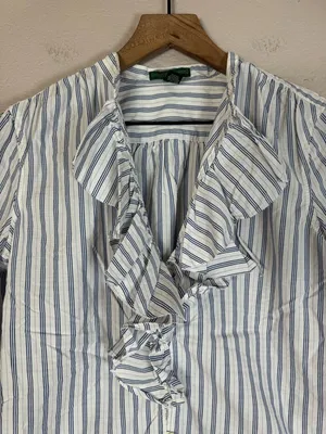 Ralph Lauren Jeans Company Cotton Striped Ruffle Blue White Blouse Medium thumbnail 4