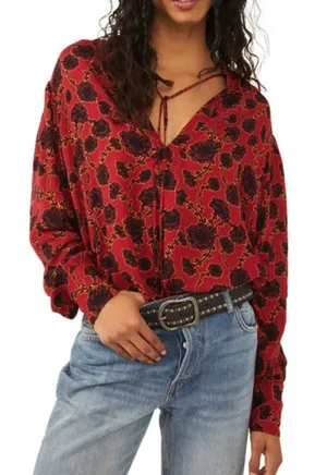 Free People Women's size XS Mia Tunic Red Floral V-neck Blouse Boho Pirate Top thumbnail 1
