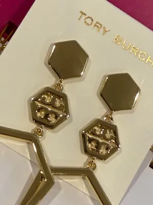 Tory Burch | Gold Plated Triple-Hexagon Drop Earrings | Large & Lightweight thumbnail 3