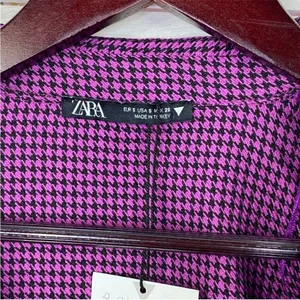 Zara Houndstooth Cropped Polo Top Purple Black‎ Small Long Sleeve Deep V-neck thumbnail 12