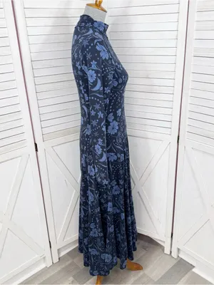 Loft Floral Snowflake Mock Neck Long Sleeve Maxi Dress Blue XS Winter Chic Boho thumbnail 4