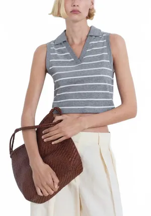 Mango Striped Cropped Polo Shirt NWT Blue L thumbnail 1