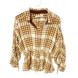 Free People We The Free Womens‎ Medium Plaid Released Trim Button-Down Top thumbnail 2