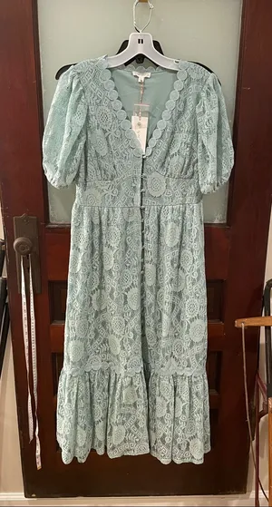 By The River Light Green Lace MaxiDress with Puff Sleeves thumbnail 1
