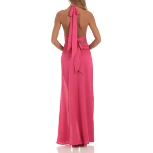 Lucy In The Sky Plunge Tie Back Ruffle Slit Satin Maxi Dress Gown Pink XXS thumbnail 2