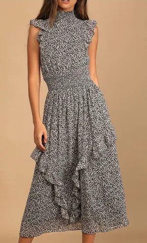 NWT Lulus Women’s Evalina Black Floral Print Mock Neck Midi Dress Size Small thumbnail 1