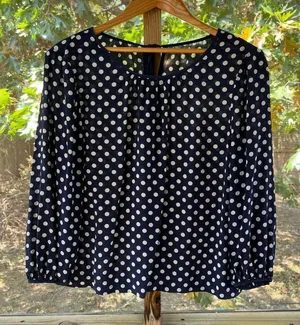 J.Crew Women's Navy & White Polka Dot 100% Silk Blouse Size L thumbnail 1