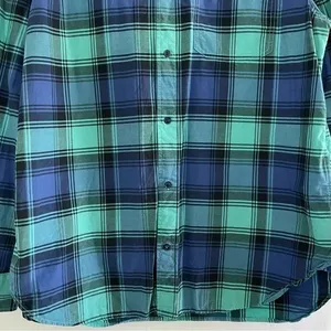 Gap Plaid Lived-In Cotton Long Sleeve Button Down Shirt Blue Aqua Size XL thumbnail 4