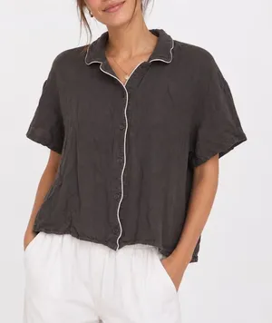 Uniqlo Womens Pajama Top Short Sleeve Button Down Rayon Grey Brown M thumbnail 1