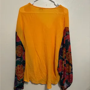 Umgee XL Mustard Floral Balloon Sleeve Boho Blouse Boutique Top thumbnail 8