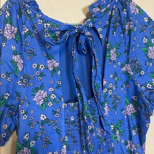 J.Crew Floral Puff Sleeve Mini Dress Blue Cotton Smocked Back Tie Neck Size‎ 12 thumbnail 8