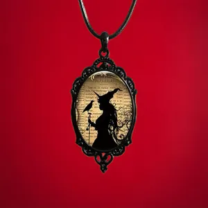 Witch And‎ Raven Cameo Black Pendant, Vintage Style Gothic Crow Glass Pendant thumbnail 9