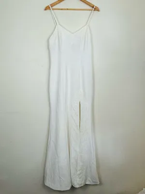 Fame and Partners white lace trim spaghetti strap slip cut gown front slit 8 thumbnail 2