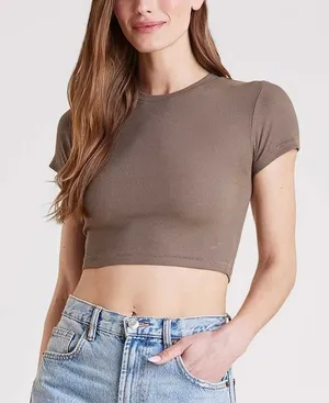 Nuuds Brown Ribbed Short Sleeve Baby Tee Crew Neck Cotton Blend Size Large thumbnail 1