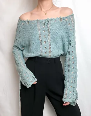 y2k blue boho crochet knit off shoulder sweater top by route 66 thumbnail 1