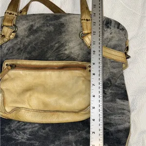Schuler & Sons ANTHROPOLOGIE Tie Dyed Cotton Blue Canvas & Tan Leather 18" Bag thumbnail 9