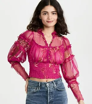 Free People Time To Shine Pink Floral Mesh Long Balloon Sleeve Crop Blouse XS thumbnail 1