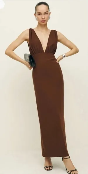 NEW Reformation Velda Deep V sleeveless midi Dress Brown Size 4 thumbnail 1