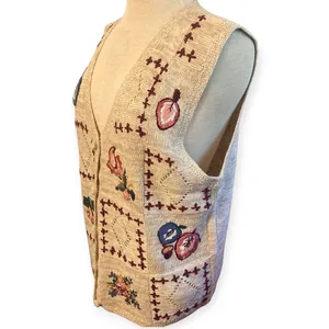Vintage Y2K Knit Sweater Vest Tan Embroidery Flowers Leaves Button Cottagecore M thumbnail 3