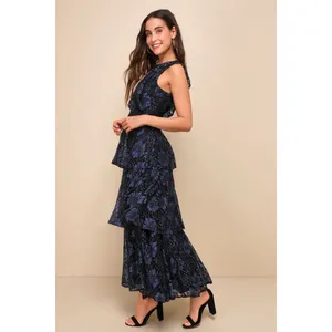 NWT Lulu's Molinetto Navy Blue Lace Ruffled Tiered Maxi Dress Size M thumbnail 4