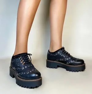 oobash Black Lucy 1990 Repro Leather Studded Lace Up Chunky Platforms Sz 10 $150 thumbnail 1