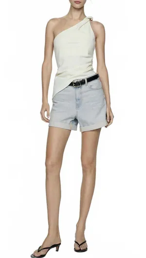 Mango High-Waisted Mom-Fit Denim Shorts Blue Light Wash Size 4 thumbnail 1