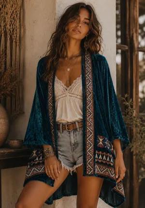 Boho Large L Crushed Velvet Kimono Embroidered Teal Open Front ANDREE By Unit thumbnail 1