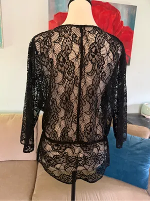 Source Unknown Cardigan Size large l Blouse Shirt Top lace Black tie front thumbnail 3