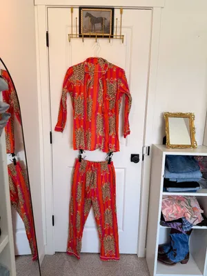 Cotton Long Pajama Set in Tibetan Tiger Pink & Orange thumbnail 2