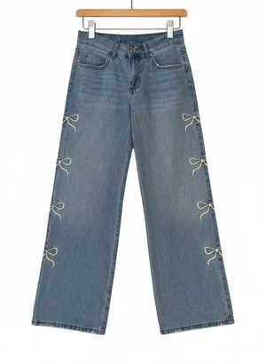 Wide Leg Bow Embroidered Jeans‎ Blue White Trendy Coquette Baggy Preppy Size 27 thumbnail 1