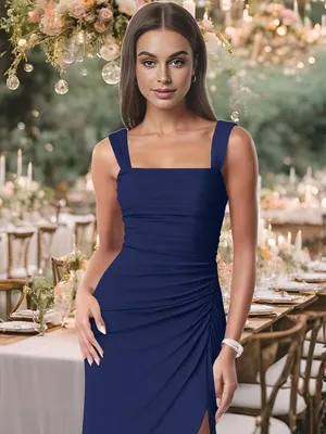 Women's Navy Blue Square-Neck Evening Dress with Back Tie m thumbnail 3