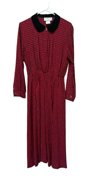 Vintage 90s Red Black Check Velvet Collar Maxi Dress Whimsigoth Grunge L thumbnail 1