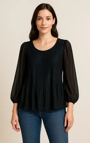 Nanette Lepore Black Metallic Pleated Sheer Blouse Women’s Large L thumbnail 1