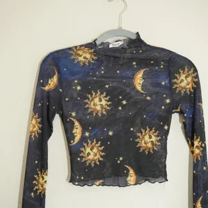 Ragstock Celestial Sun Moon Star Sheer Mesh Crop Top Navy Blue Mock Neck thumbnail 2