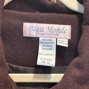 Beau Monde Women’s Brown Wool Blend Lined Pea Coat Jacket Classic Size 2XL thumbnail 7