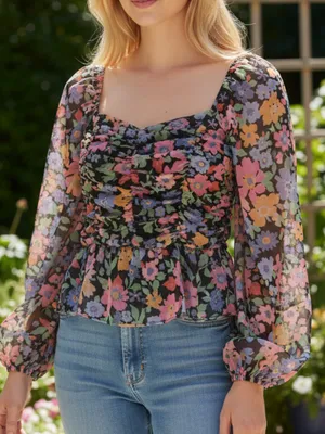 Pink Lily Black Floral Ruched Square Neck Peplum Blouse thumbnail 1