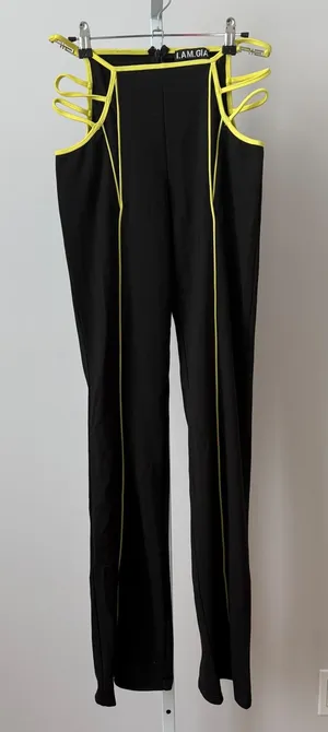 I.AM.GIA sz S Lucid Pant Black Neon Yellow Cut Out Strappy Flare‎ Rave Y2K thumbnail 1