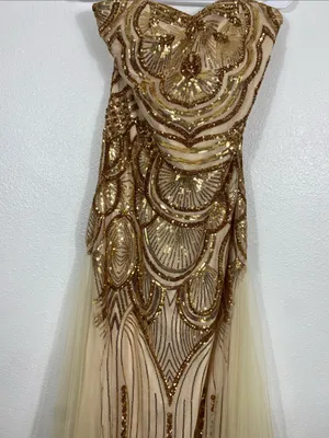 Strapless Gold Sequin Evening Column Dress Size L thumbnail 6