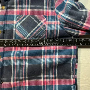 Modern Pink Blue Plaid Sherpa Lined Button Down Flannel Shirt Jacket thumbnail 12