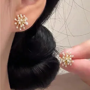 Elegant Gold and White Pearl Stud Earrings thumbnail 3